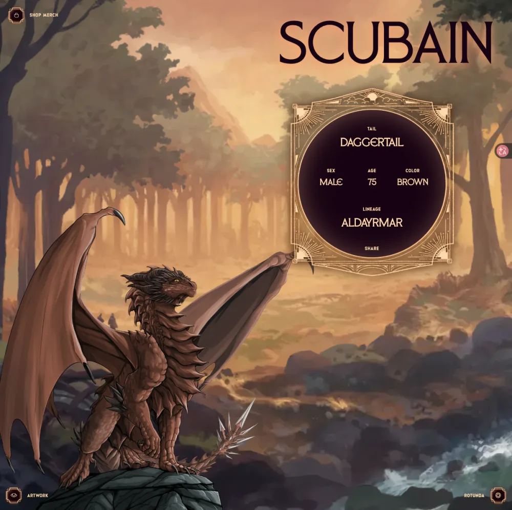 Our official Dragonkind bond card: Scubain, male brown daggertail, age 75, Aldayrmar lineage