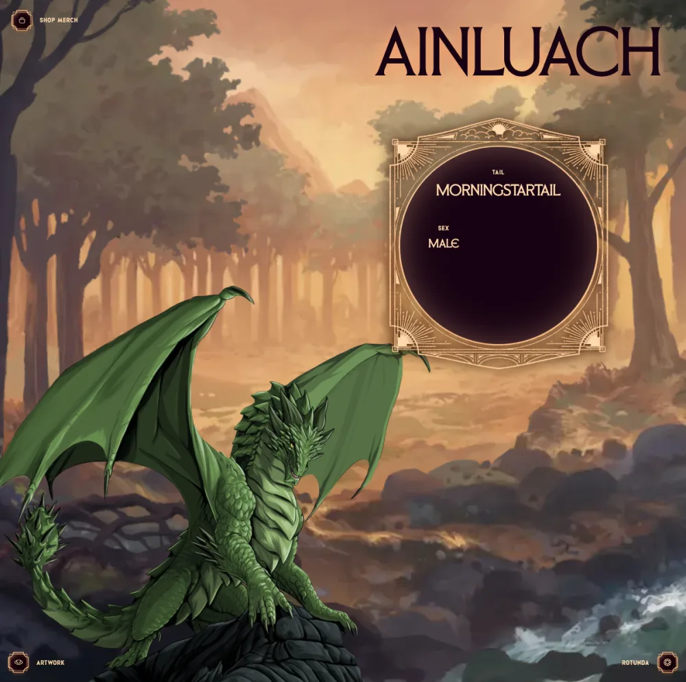 Our official Dragonkind bond card: Ainluach, male green morningstartail, age 37, Uaineloidsig lineage