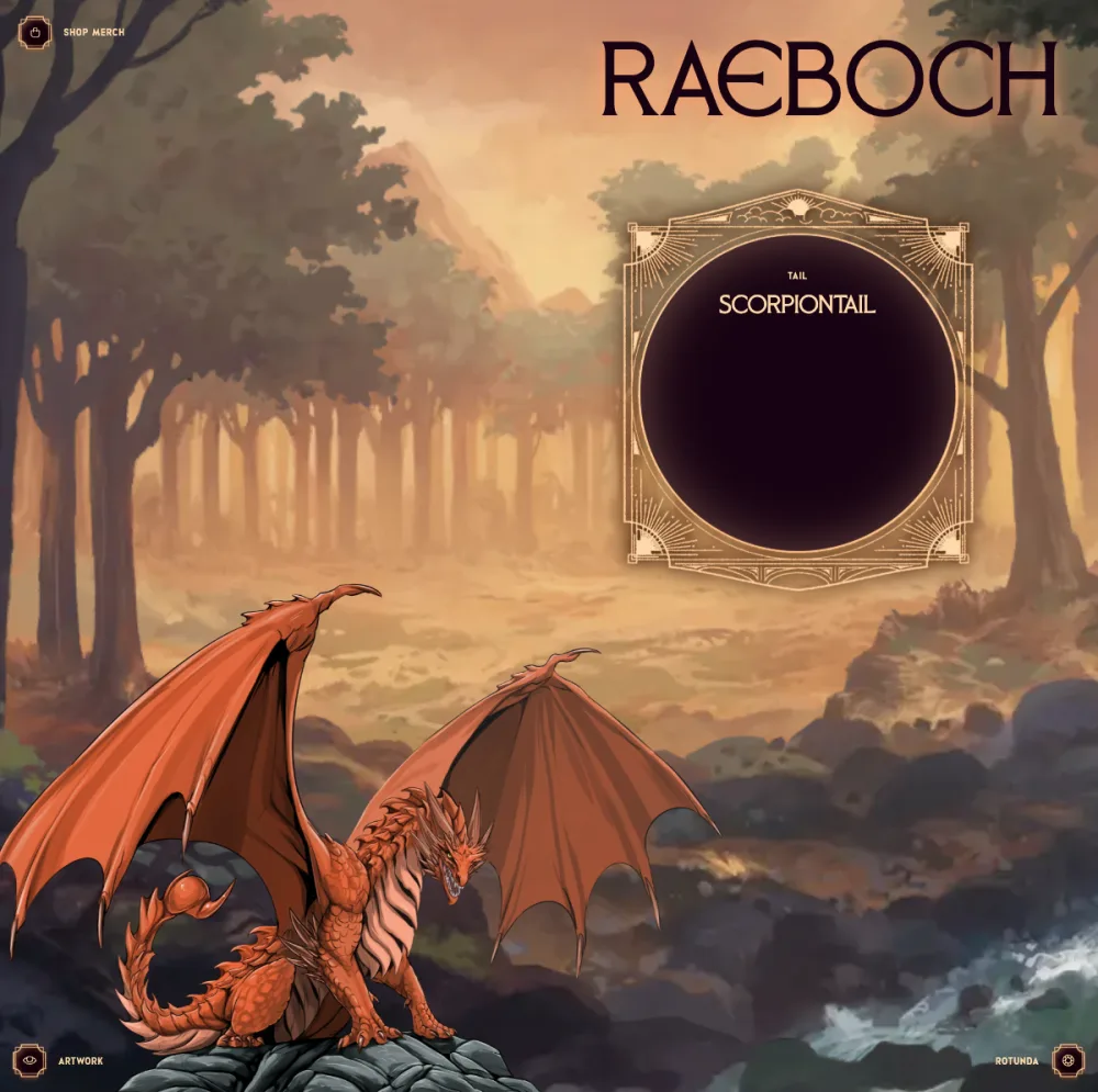 Our official Dragonkind bond card: Raeboch, female orange scorpiontail, age 64, Fhaicorain lineage
