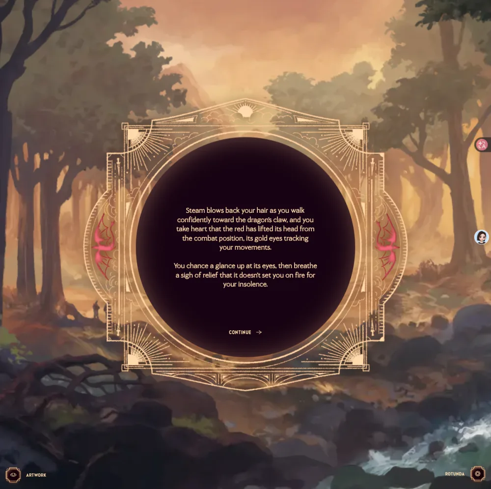 Dragonkind gameplay screenshot: mounting the red dragon at the valley heart